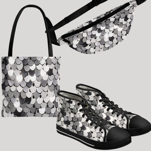 Edgy Accessories - Shoes, Tote Bags and Fanny Packs - Shiny Silver Sequins
