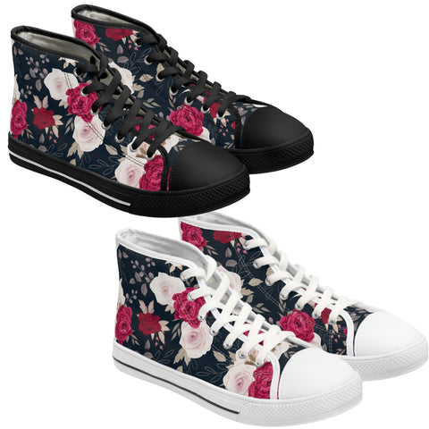 FLORAL RED CREAM ROSES - Women's High Top Sneakers Black and White Soles