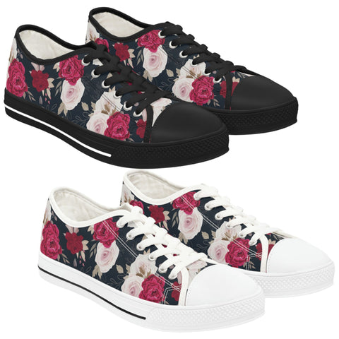 FLORAL RED CREAM ROSES - Women's Low Top Sneakers Black and White Soles