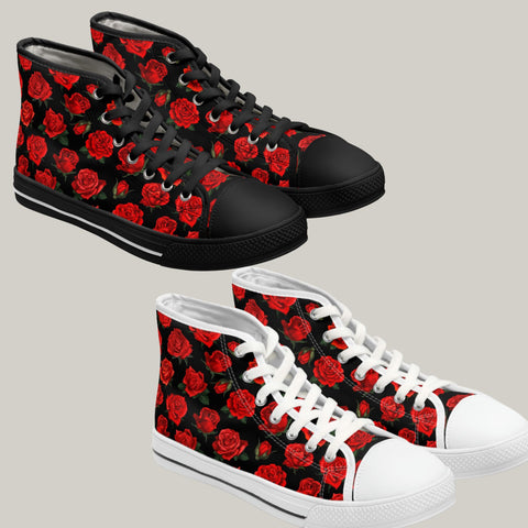 BABY ROSES & BLACK -Women's High Top Sneakers = Black and White soles