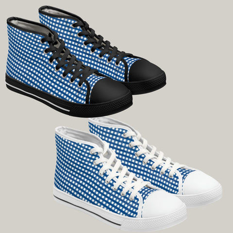 BLUE GINGHAM - Women's High Top Sneakers Black and White Sole