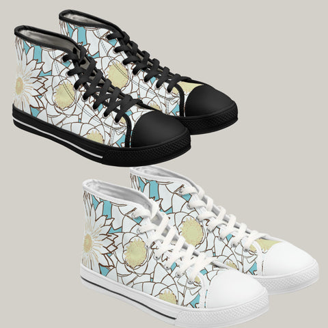 BOLD WHITE & YELLOW FLOWERS - Women's High Top Sneakers Black and White Sole