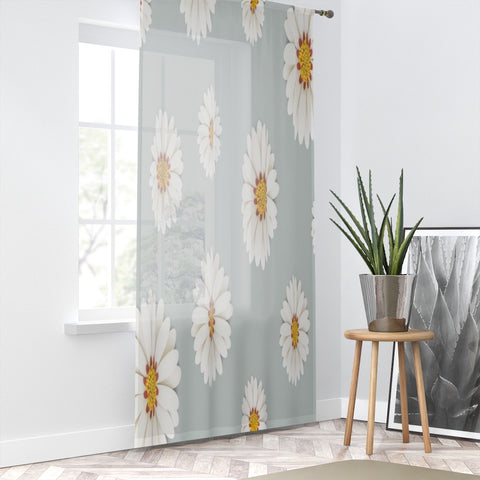 DAISIES PRINT ON BLUE GRAY BACKGROUND - SHEER Window Curtain