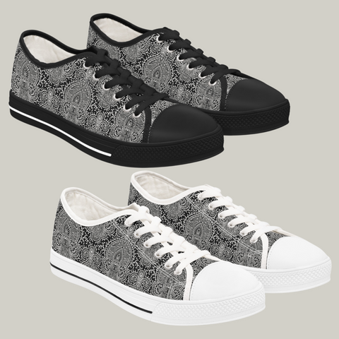 HAMSA PRINT - Women's Low Top Sneakers Black and White Sole