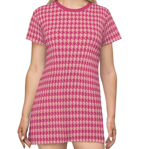 PINK HOUNDSTOOTH - T-Shirt Dress