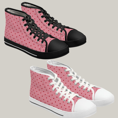PINK ON PINK POLKA - Women's High Top Sneakers Black and White Sole
