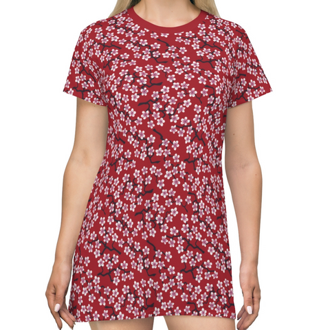 RED CHERRY BLOSSOM - T-Shirt Dress FRONT