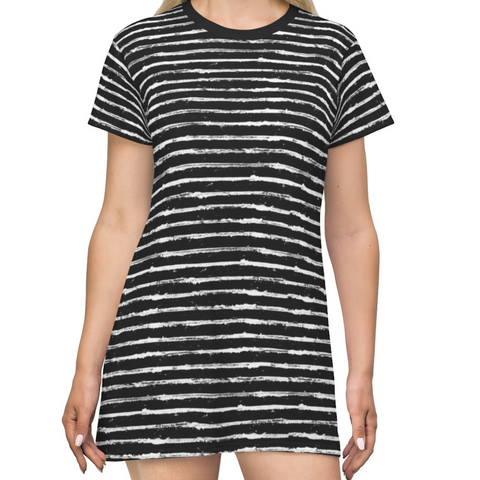 SCRATCHED STRIPE - BLACK & WHITE - T-Shirt Dress FRONT