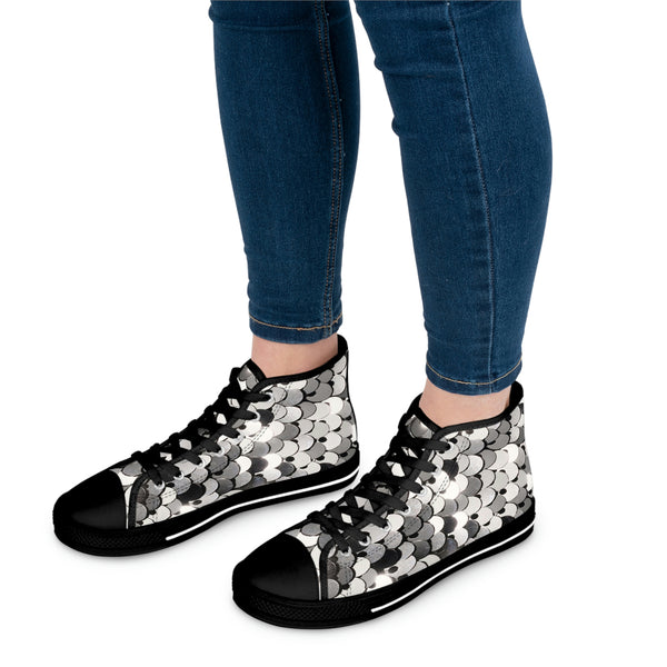 SHINY SILVER SEQUIN PRINT - Women's High Top Sneakers Black Sole