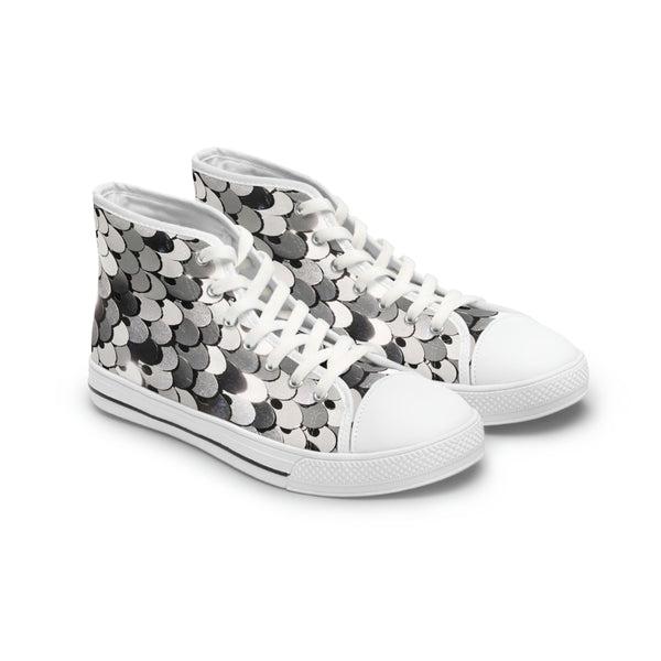 SHINY SILVER SEQUIN PRINT - Women's High Top Sneakers White Sole