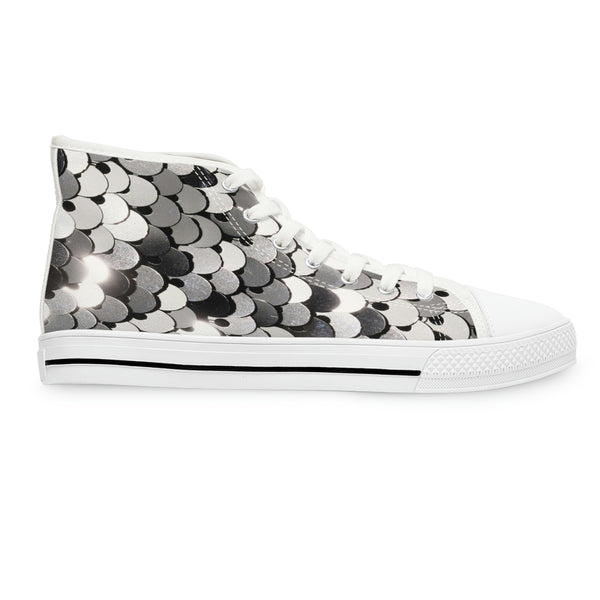 SHINY SILVER SEQUIN PRINT - Women's High Top Sneakers White Sole