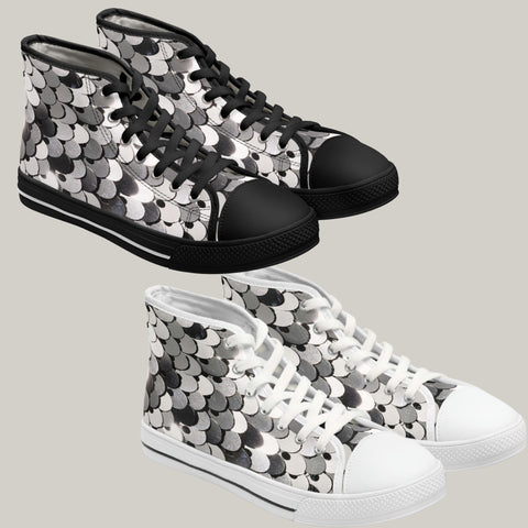 SHINY SILVER SEQUIN PRINT - Women's High Top Sneakers Black and White Soles
