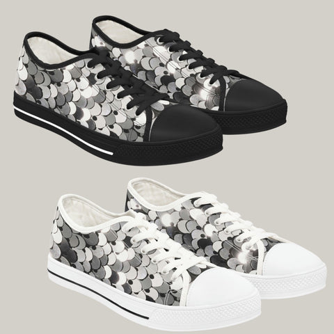 SHINY SILVER SEQUIN PRINT - Women's Low Top Sneakers Black and White Sole