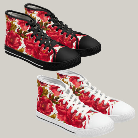 VINTAGE ROSES - Women's High Top Sneakers Black and White Sole