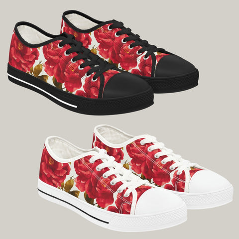 VINTAGE ROSES - Women's Low Top Sneakers Black and White Sole