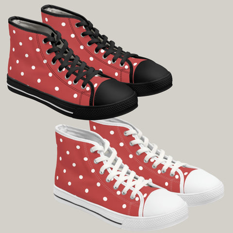 WHITE & BRICK RED POLKA DOT - Women's High Top Sneakers Black and White Soles