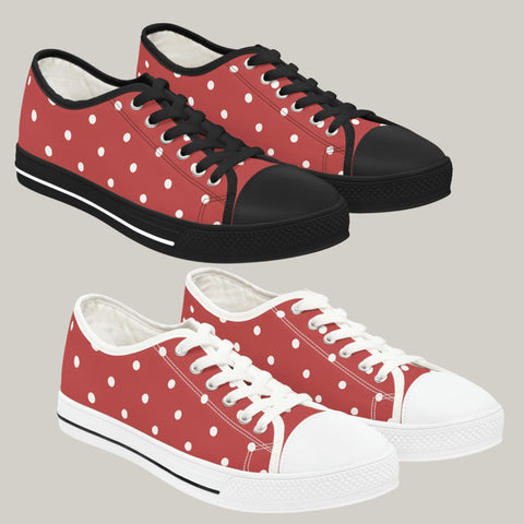 WHITE & BRICK RED POLKA DOT - Women's Low Top Sneakers Black and White Soles