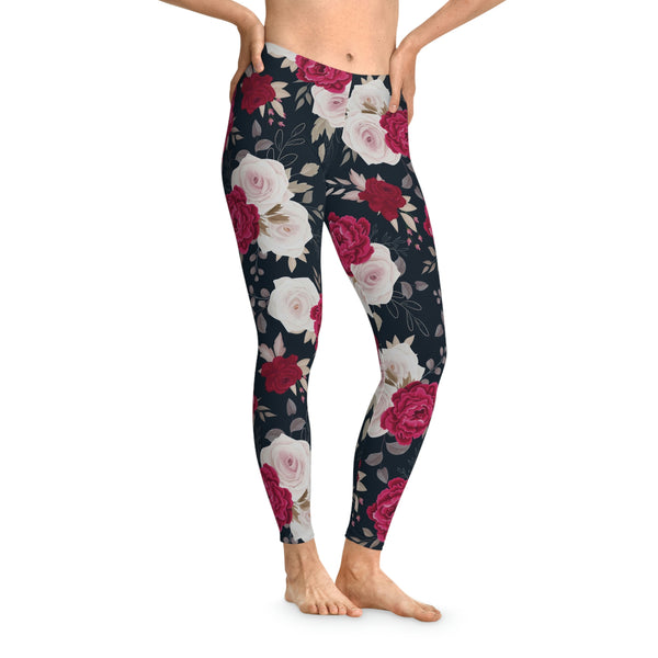 FLORAL RED CREAM ROSES - Stretchy Leggings