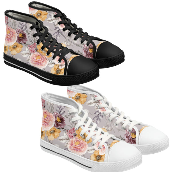 FLORAL VINTAGE SILVER - Women's High Top Sneakers Black and White Soles