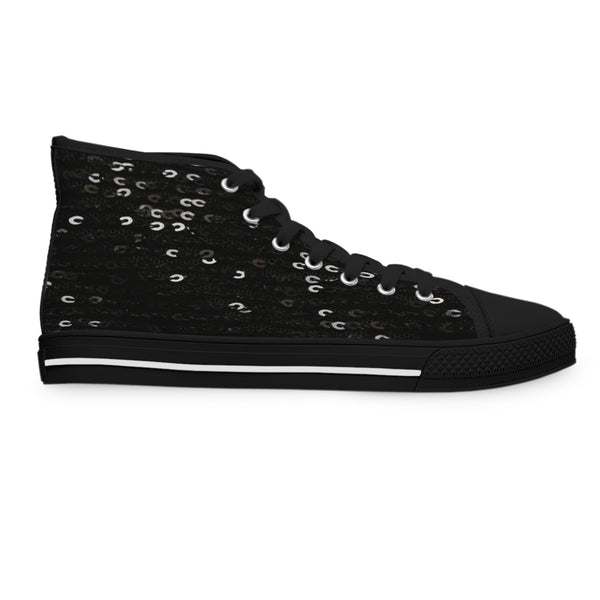 BLACK SEQUIN PRINT - Women's High Top Sneakers Black Sole