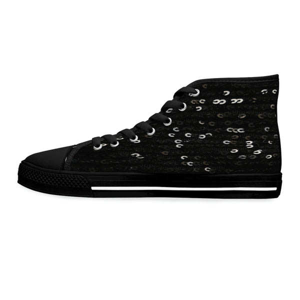 BLACK SEQUIN PRINT - Women's High Top Sneakers Black Sole