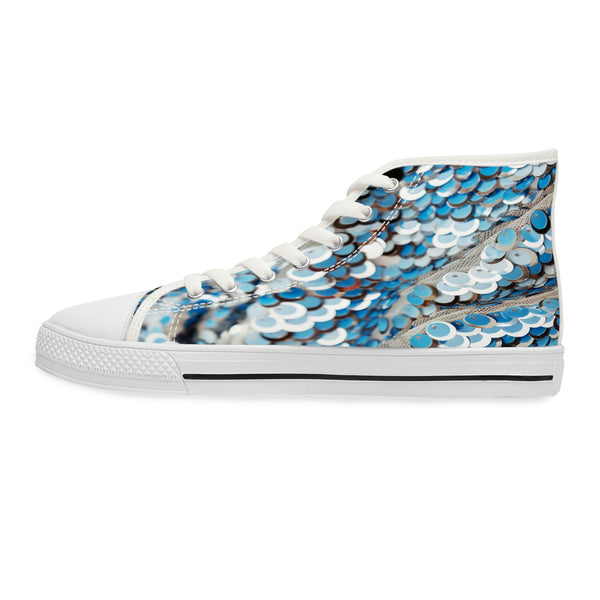 BLUE WAVE SEQUIN PRINT - Women's High Top Sneakers White Sole