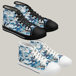 BLUE WAVE SEQUIN PRINT - Women's High Top Sneakers Black and White Sole