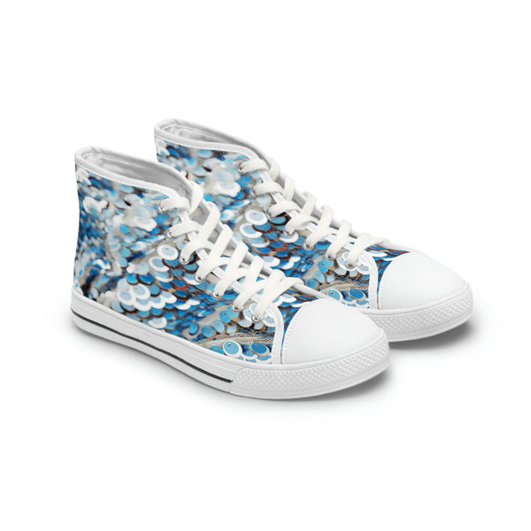BLUE WAVE SEQUIN PRINT - Women's High Top Sneakers White Sole