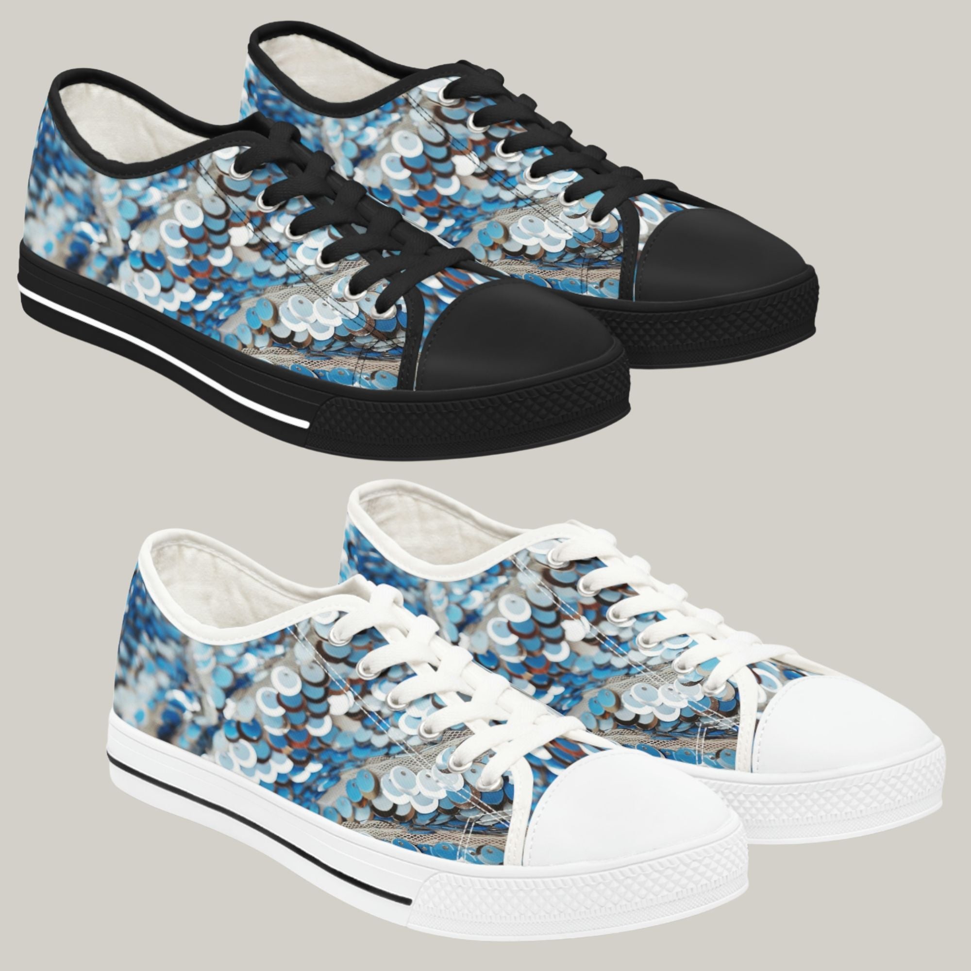 BLUE WAVE SEQUIN PRINT - Women's Low Top Sneakers Black and White Sole