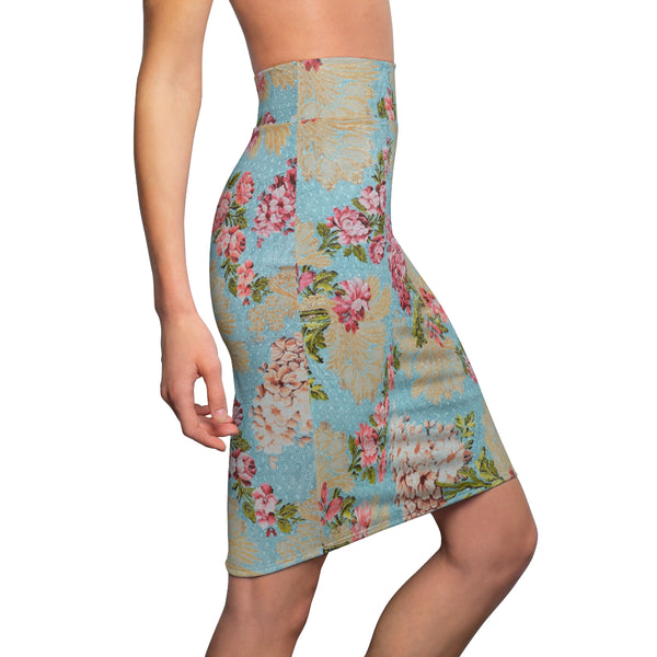 CHINTZY FLOWERS & PALE BLUE - Pencil Skirt