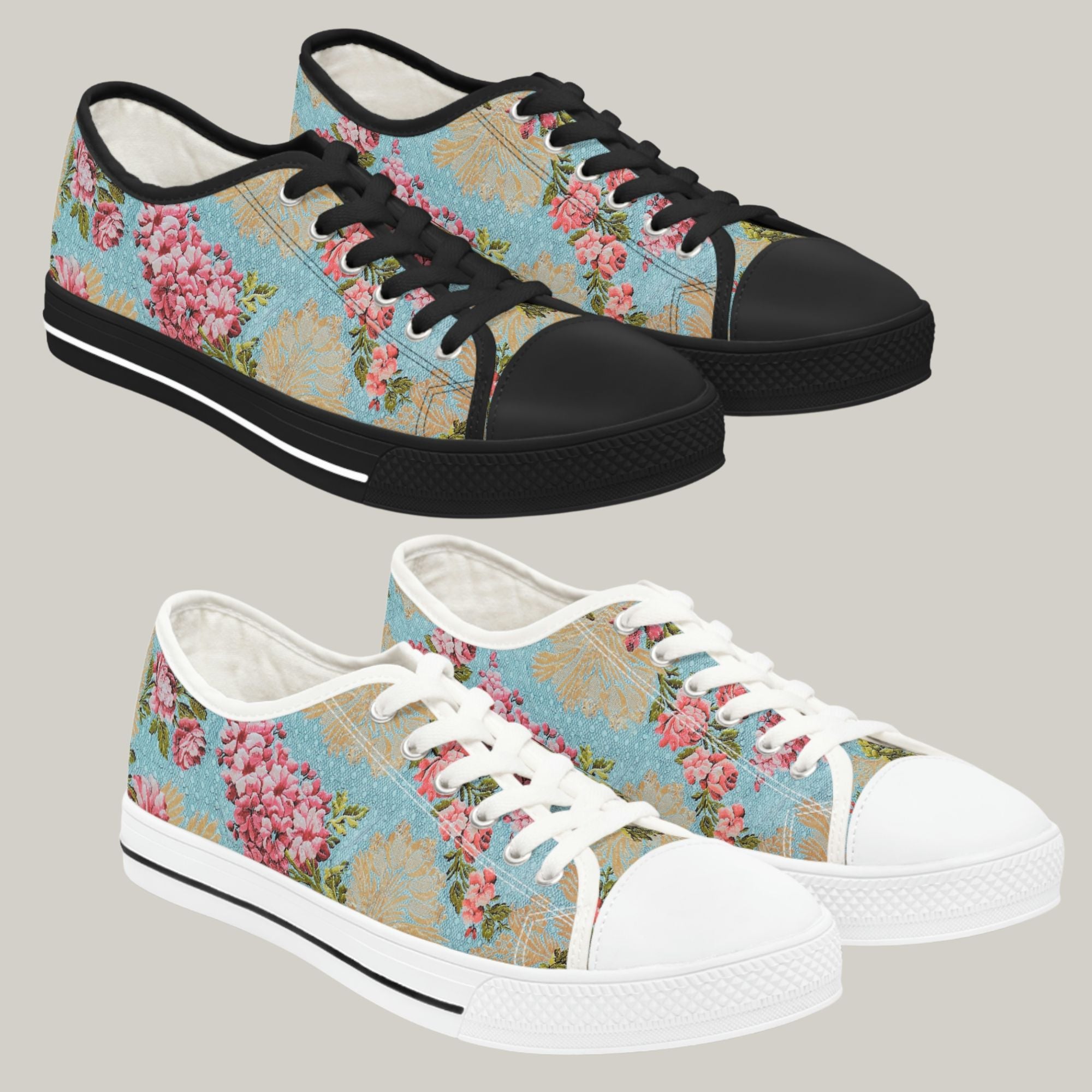 CHINTZY FLOWERS & PALE BLUE - Women's Low Top Sneakers Black and White Sole