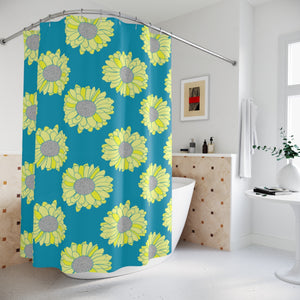ELECTRIC DAISIES BLUE AND YELLOW - SHOWER CURTAIN