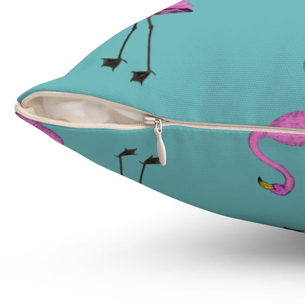 FLAMINGOS & TEAL SQUARE PILLOW zipper