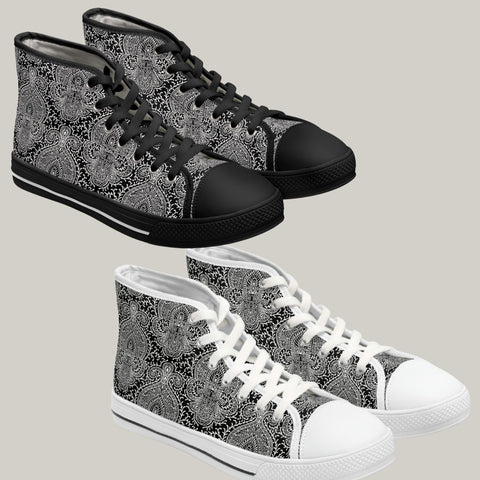 HAMSA PRINT - Women's High Top Sneakers Black and White Sole