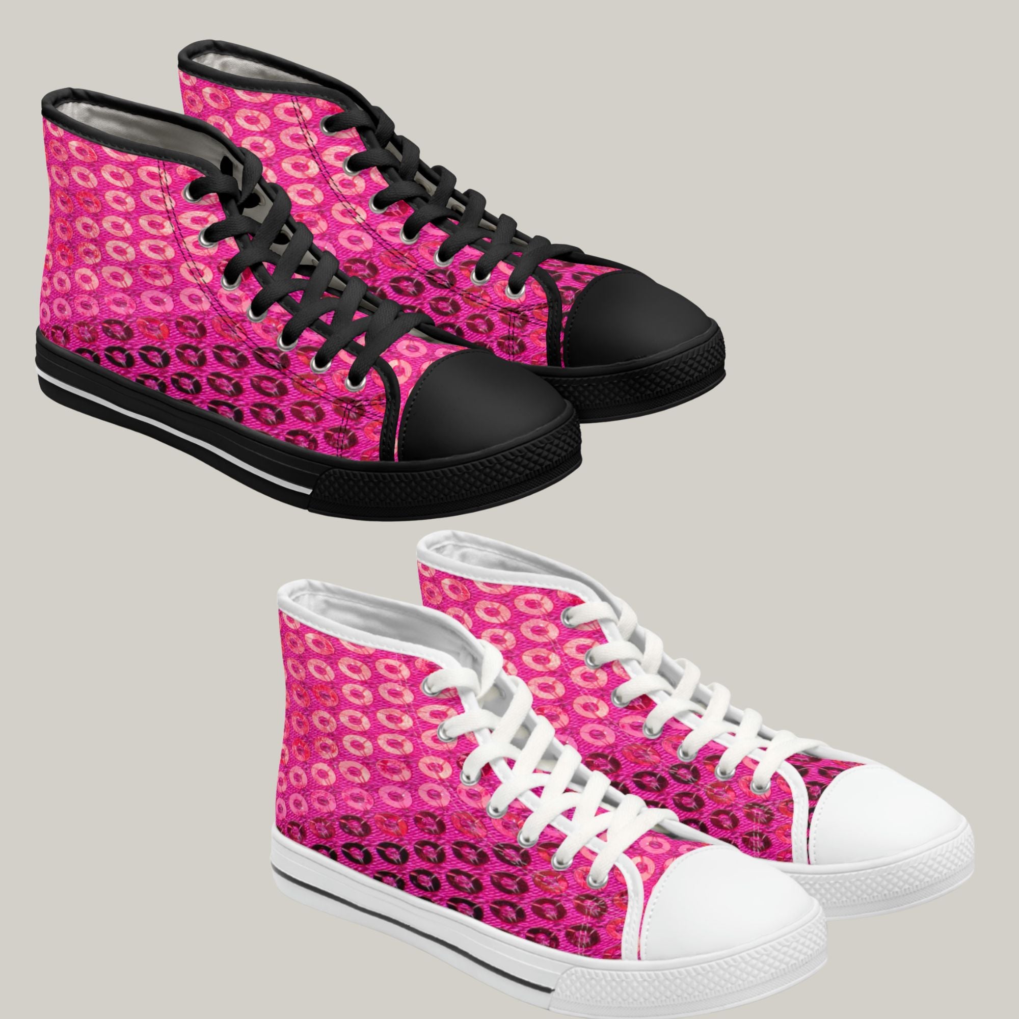 HOT PINK SEQUIN PRINT - Women's High Top Sneakers Black and White Soles