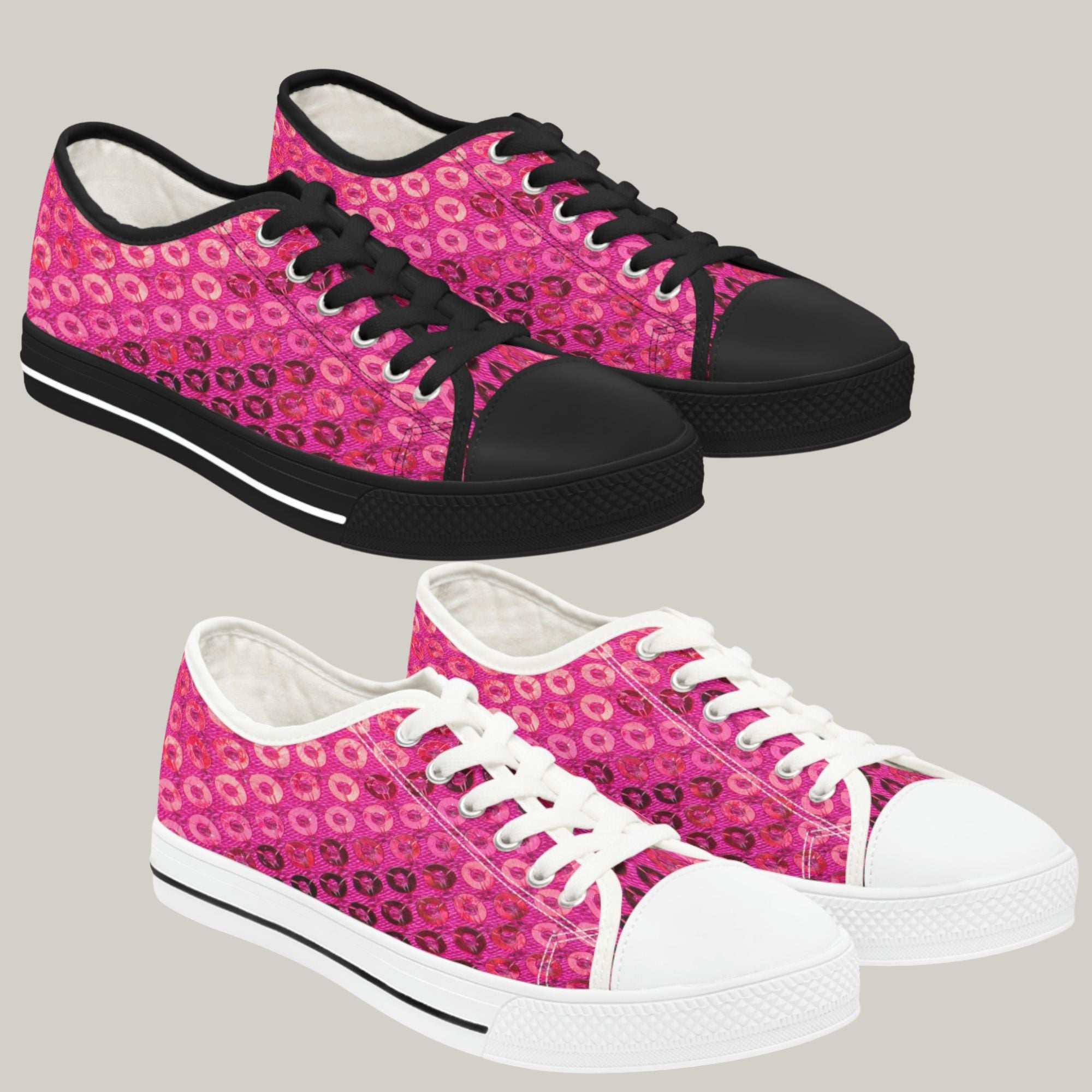 HOT PINK SEQUIN PRINT - Women's Low Top Sneakers Black and White Soles