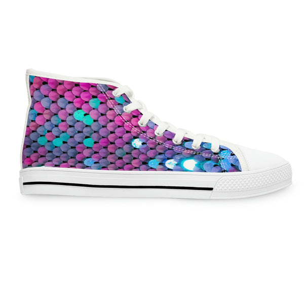 HOT PINK & BLUE SEQUIN PRINT - Women's High Top Sneakers White Sole