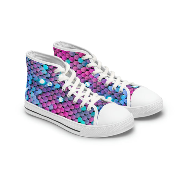 HOT PINK & BLUE SEQUIN PRINT - Women's High Top Sneakers White Sole
