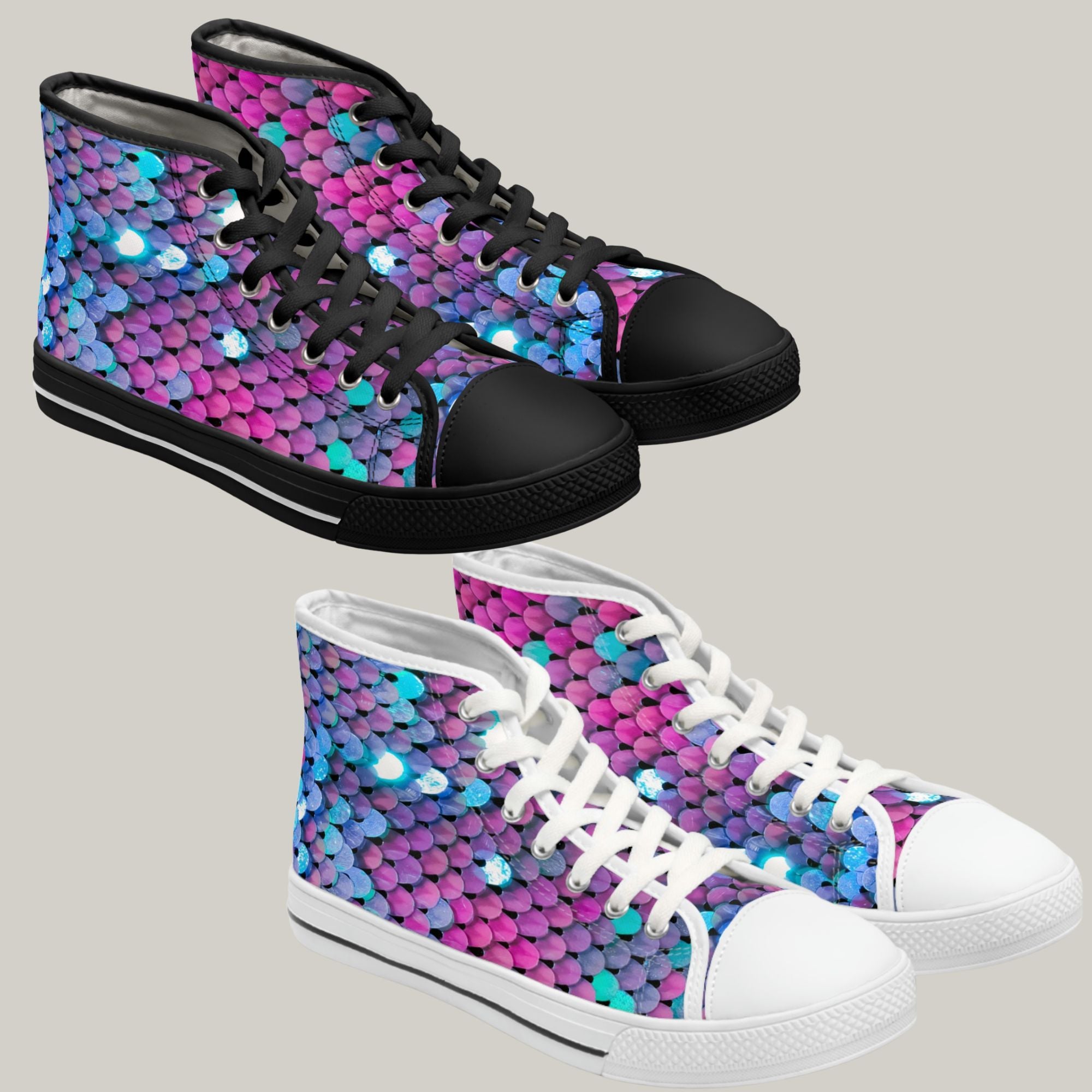 HOT PINK & BLUE SEQUIN PRINT - Women's High Top Sneakers Black and White Sole