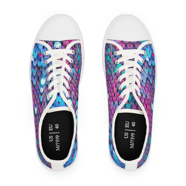 HOT PINK & BLUE SEQUIN PRINT - Women's Low Top Sneakers White Sole