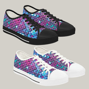 HOT PINK & BLUE SEQUIN PRINT - Women's Low Top Sneakers Black and White Soles