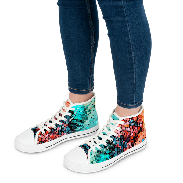 HOT PINK & ELECTRIC BLUE FLIP SEQUIN PRINT - Women's High Top Sneakers White Sole