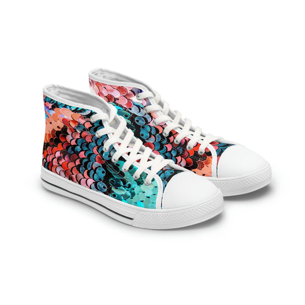 HOT PINK & ELECTRIC BLUE FLIP SEQUIN PRINT - Women's High Top Sneakers White Sole