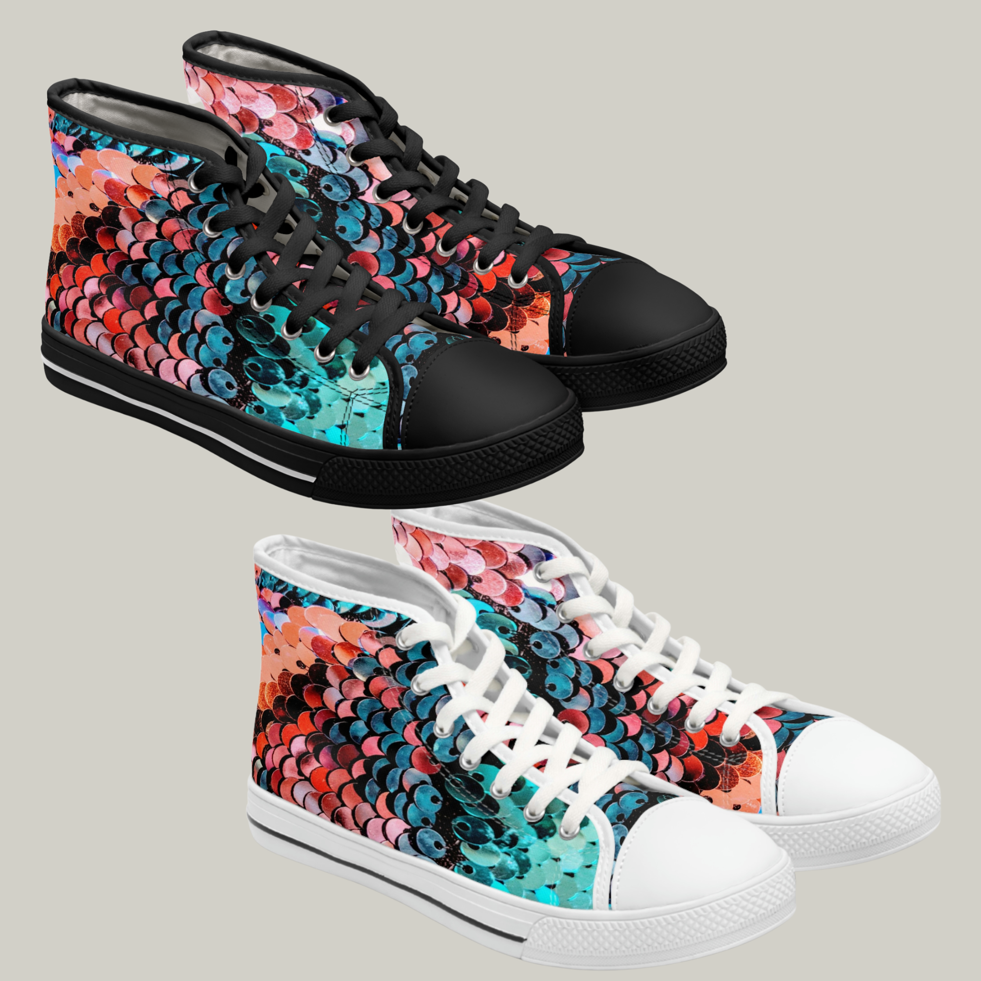 HOT PINK & ELECTRIC BLUE FLIP SEQUIN PRINT - Women's High Top Sneakers Black and White Soles