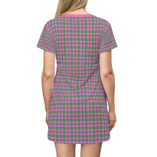 HOT PINK & GREEN PLAID - T-Shirt Dress BACK