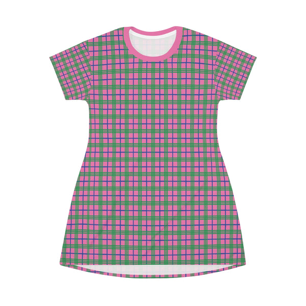 HOT PINK & GREEN PLAID - T-Shirt Dress FRONT