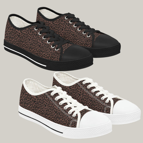 LEOPARD BROWN - Women's Low Top Sneakers Black and White Soles