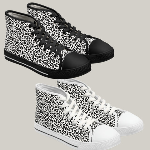 LEOPARD PRINT - BLACK & WHITE - Women's High Top Sneakers Black and White Soles