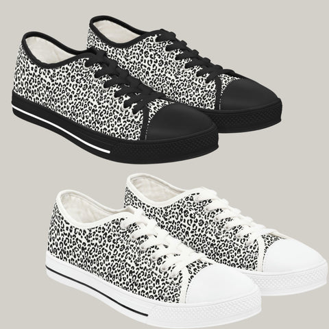 LEOPARD PRINT - BLACK & WHITE - Women's Low Top Sneakers Black and White sole