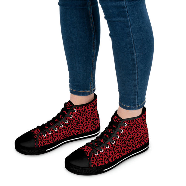 Leopard Print Black & Red - Women's High Top Sneakers Black Sole